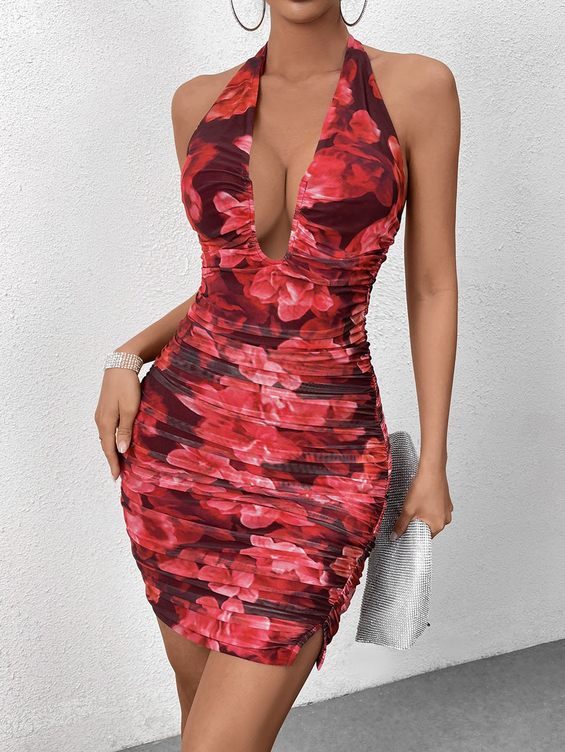 Halter Deep V-Neck Floral Print Bodycon Dress | Wedding Guest Dress, Vacation Dress