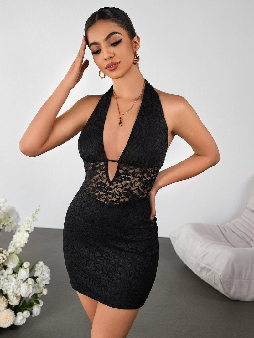 Halter Deep V-Neck Lace Bodycon Dress | Homecoming Dress, Cocktail Dress