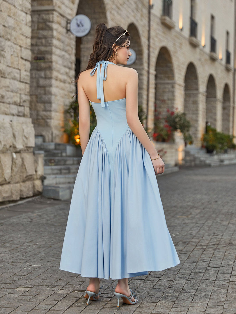 Halter Deep V-Neck Ruched Waist Solid Dress | Bridesmaid Dress