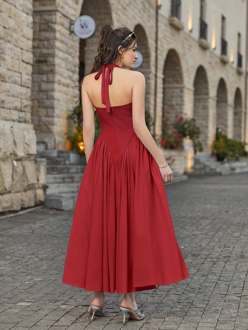 Halter Deep V-Neck Ruched Waist Solid Dress | Bridesmaid Dress