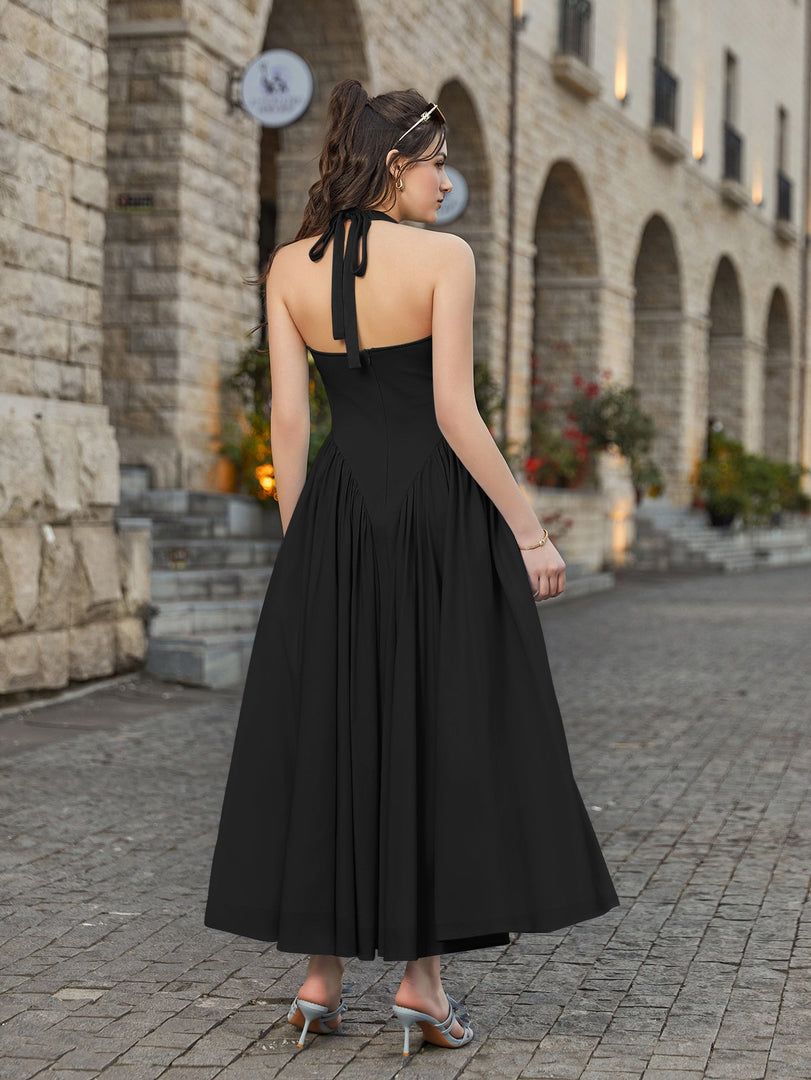 Halter Deep V-Neck Ruched Waist Solid Dress | Bridesmaid Dress