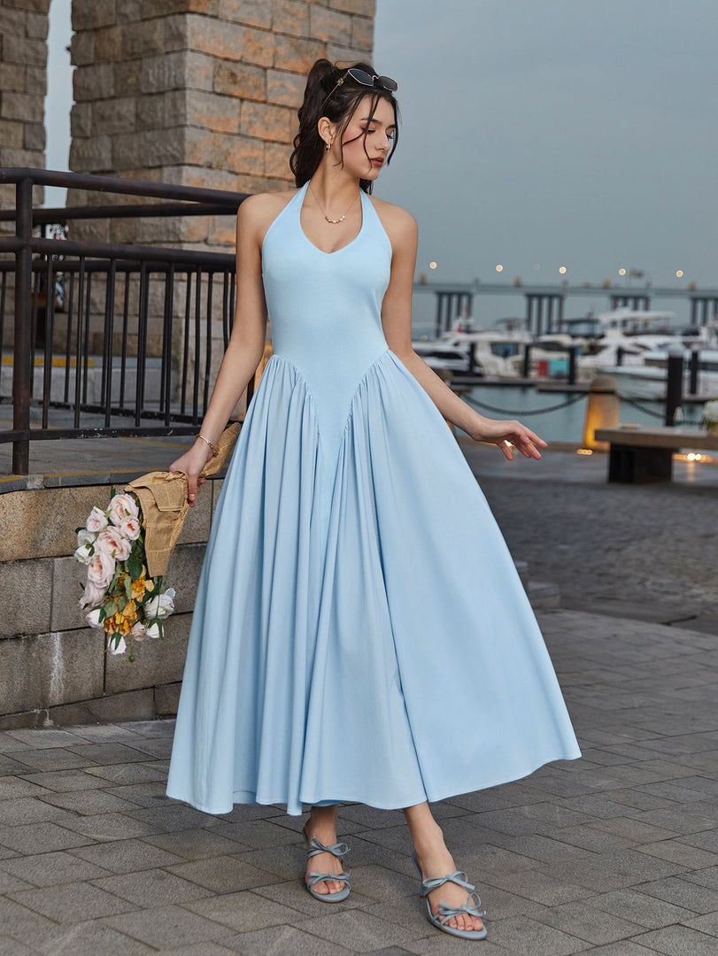 Halter Deep V-Neck Ruched Waist Solid Dress | Bridesmaid Dress