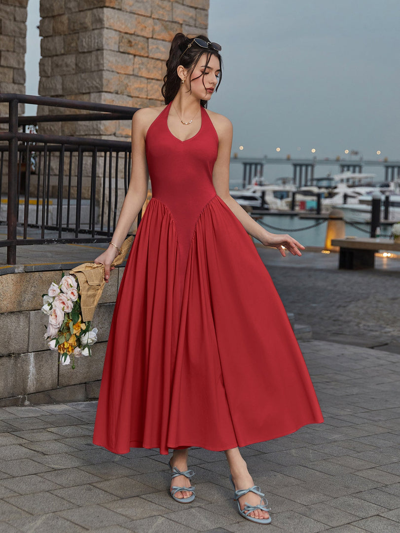 Halter Deep V-Neck Ruched Waist Solid Dress | Bridesmaid Dress