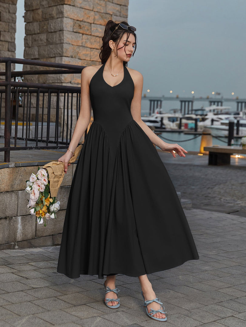 Halter Deep V-Neck Ruched Waist Solid Dress | Bridesmaid Dress