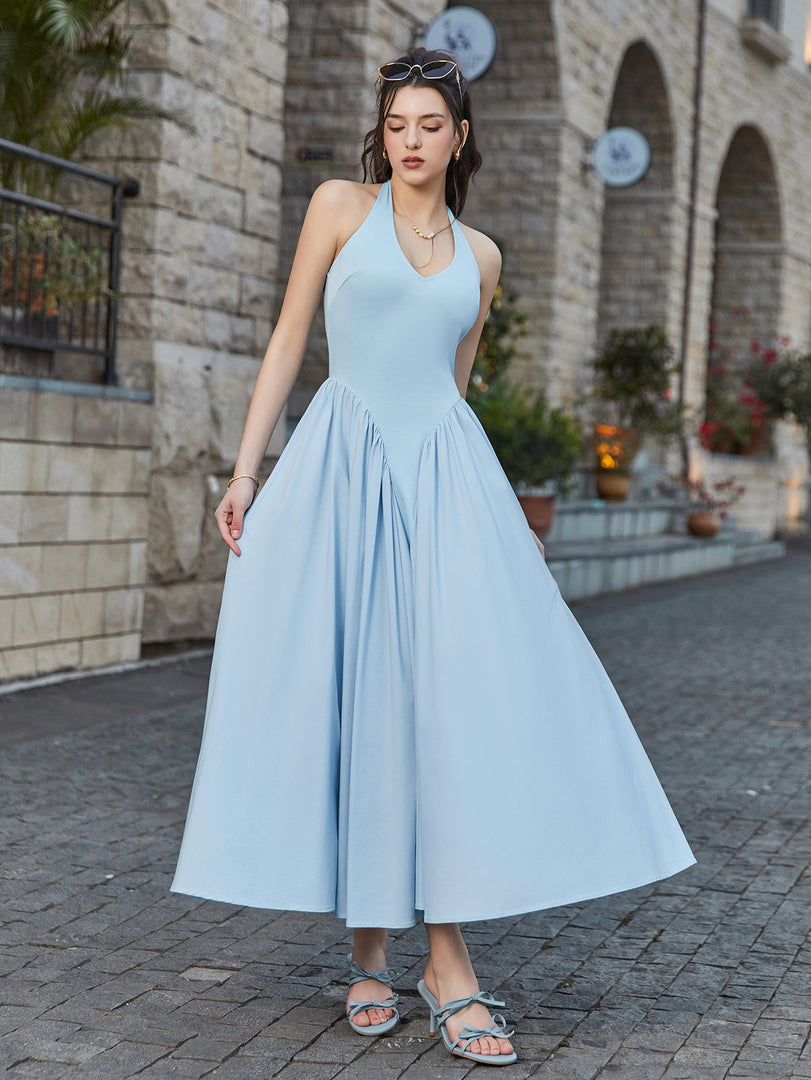 Halter Deep V-Neck Ruched Waist Solid Dress | Bridesmaid Dress