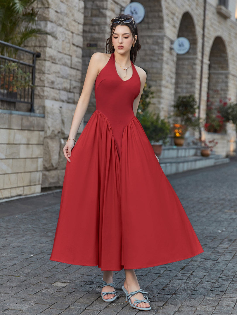 Halter Deep V-Neck Ruched Waist Solid Dress | Bridesmaid Dress
