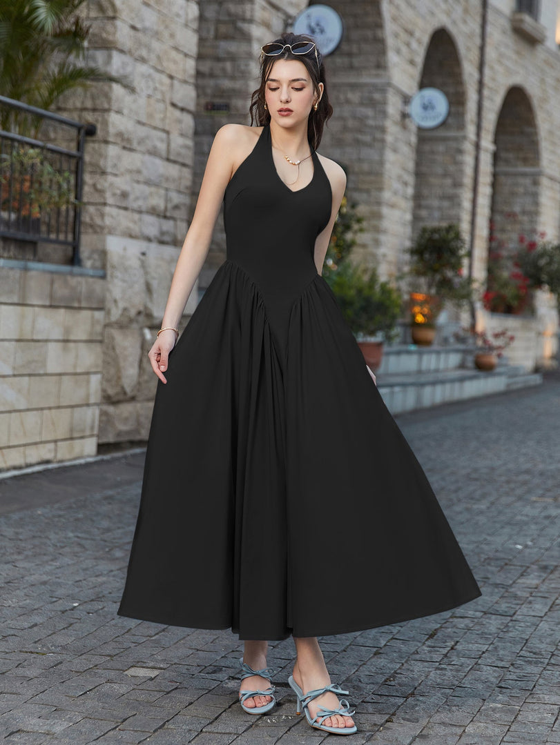 Halter Deep V-Neck Ruched Waist Solid Dress | Bridesmaid Dress