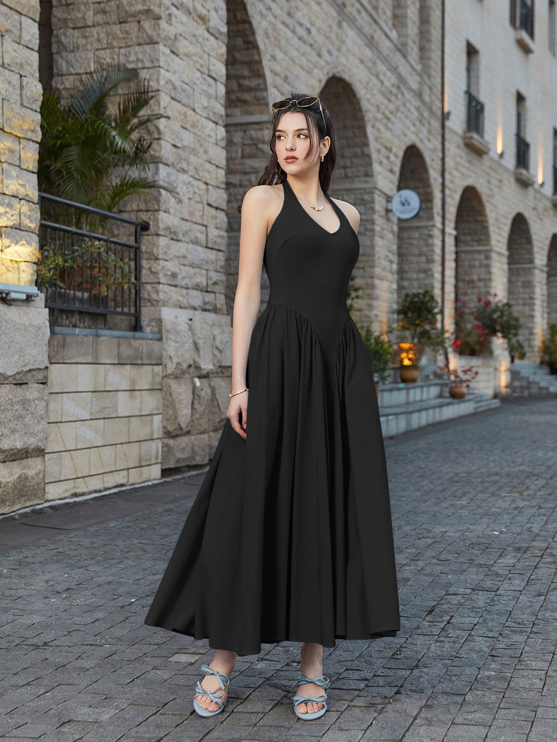 Halter Deep V-Neck Ruched Waist Solid Dress | Bridesmaid Dress