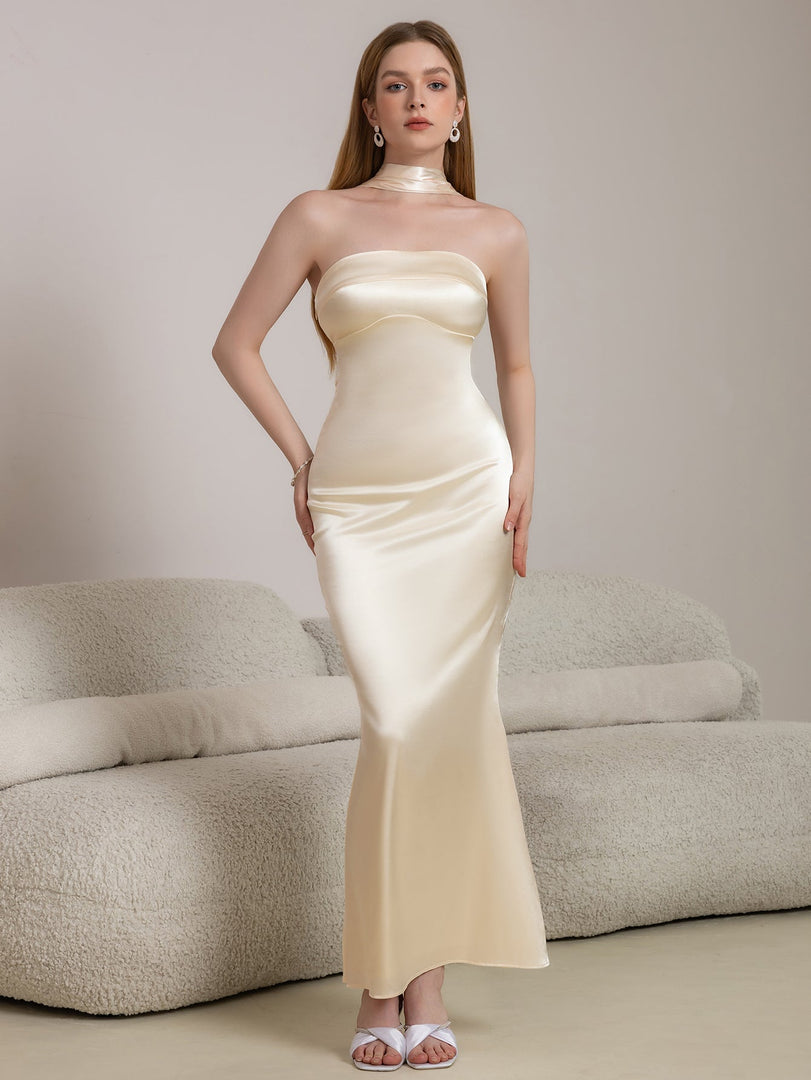 Halter Draped Back Satin Bodycon Prom Dress | Bridesmaid Dress