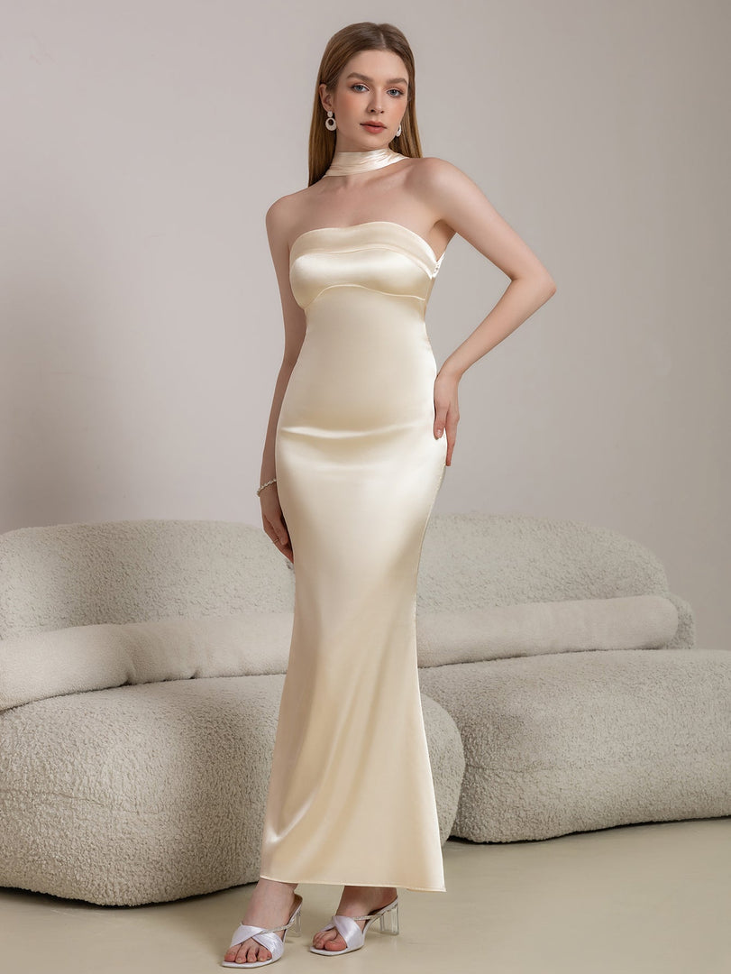 Halter Draped Back Satin Bodycon Prom Dress | Bridesmaid Dress