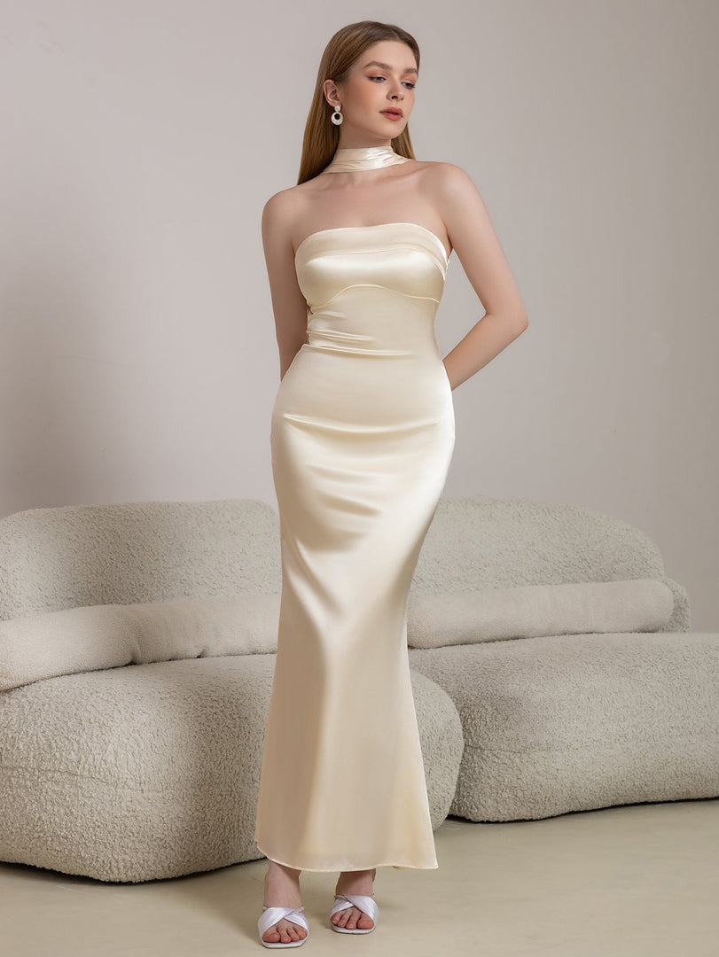 Halter Draped Back Satin Bodycon Prom Dress | Bridesmaid Dress