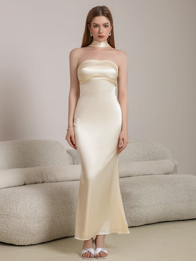 Halter Draped Back Satin Bodycon Prom Dress | Bridesmaid Dress