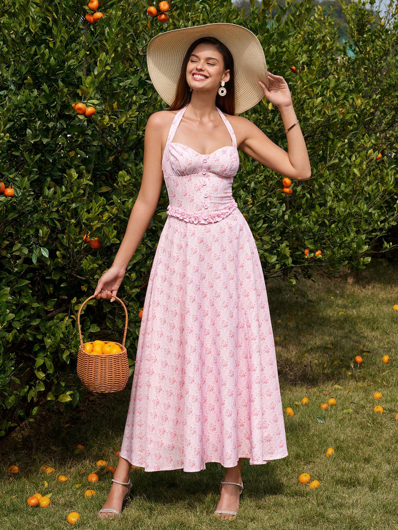 Halter Embellished Button Ruched Maxi Dress | Prom Dress, Formal Dress
