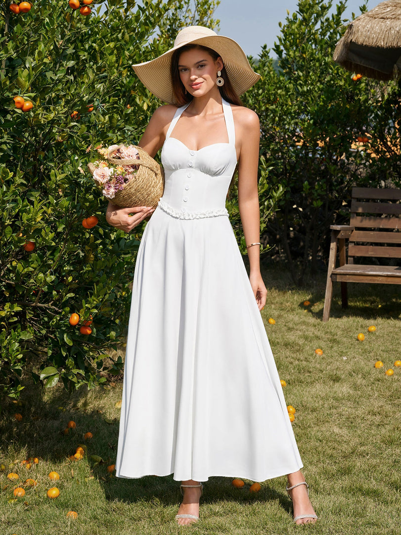 Halter Embellished Button Ruched Maxi Dress | Prom Dress, Formal Dress