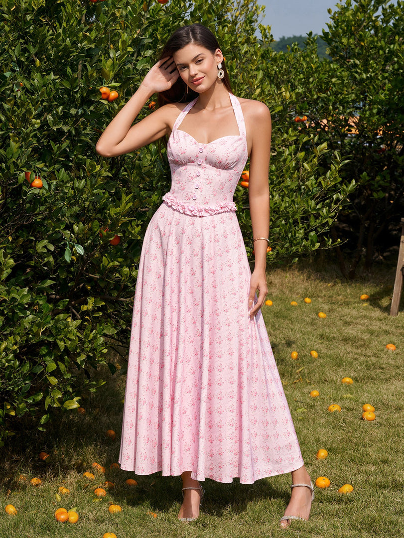 Halter Embellished Button Ruched Maxi Dress | Prom Dress, Formal Dress