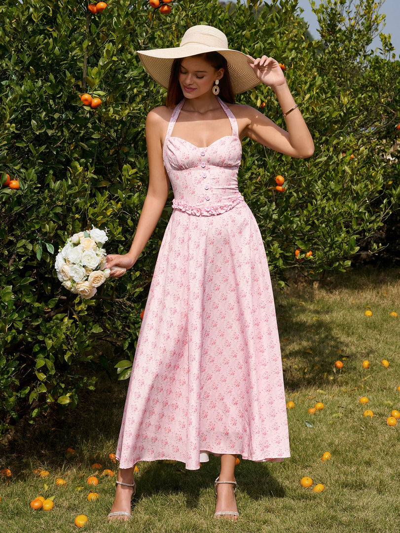 Halter Embellished Button Ruched Maxi Dress | Prom Dress, Formal Dress
