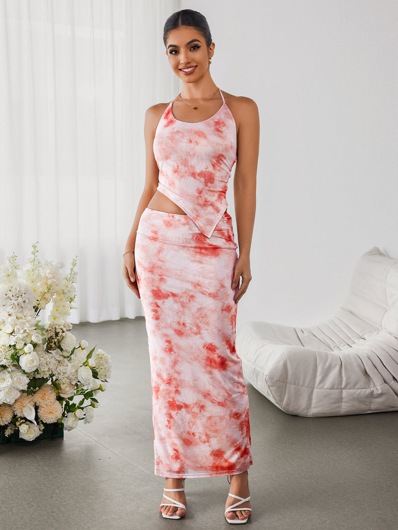 Halter Embellished Floral Top&Bodycon Skirt | Vacation Two-Piece Set