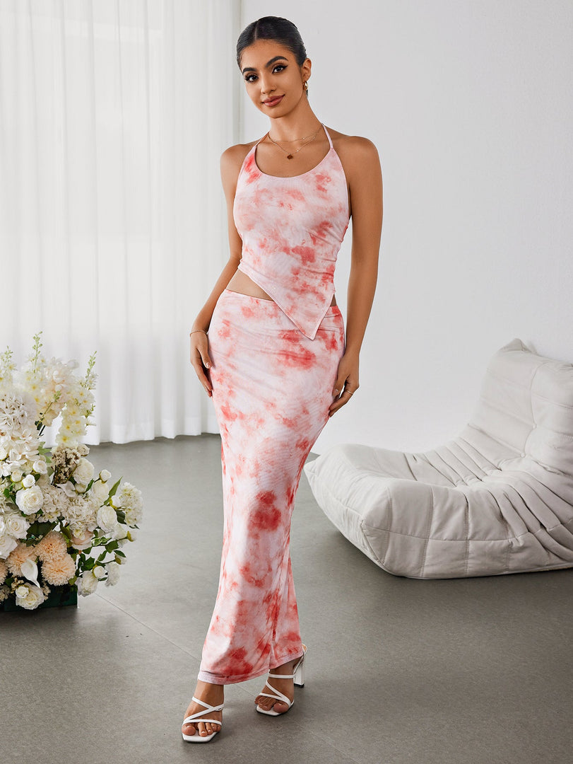 Halter Embellished Floral Top&Bodycon Skirt | Vacation Two-Piece Set