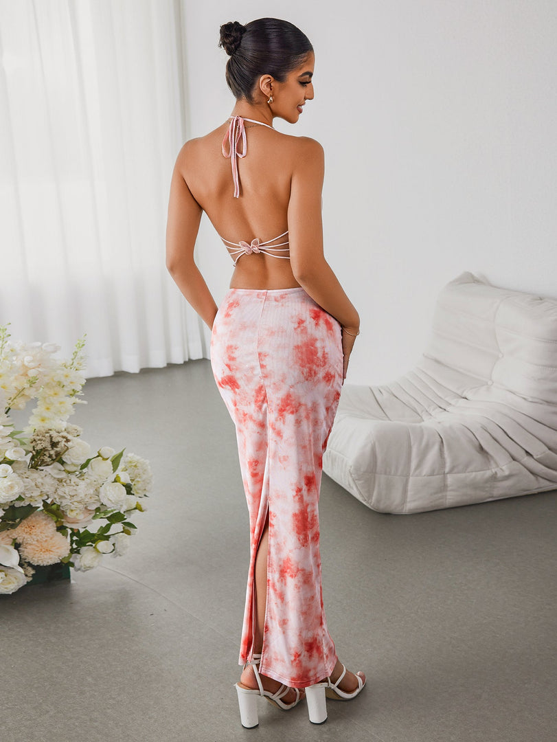 Halter Embellished Floral Top&Bodycon Skirt | Vacation Two-Piece Set