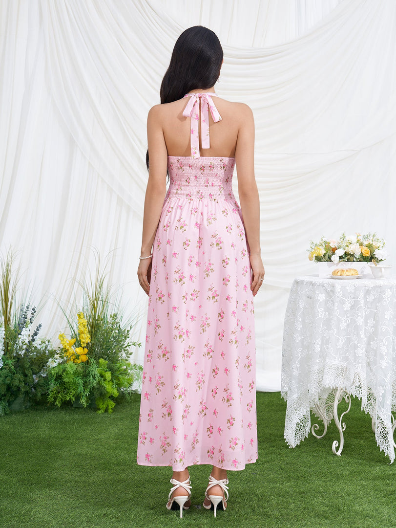 Halter Lace Trim Split Floral Print Dress | Wedding Guest Dress, Vacation Dress