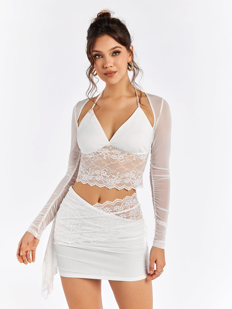 Halter Mesh Patchwork Lace Top&Embellished Lace Bodycon Skirt | Cocktail Party & Homecoming Two-Piece Set