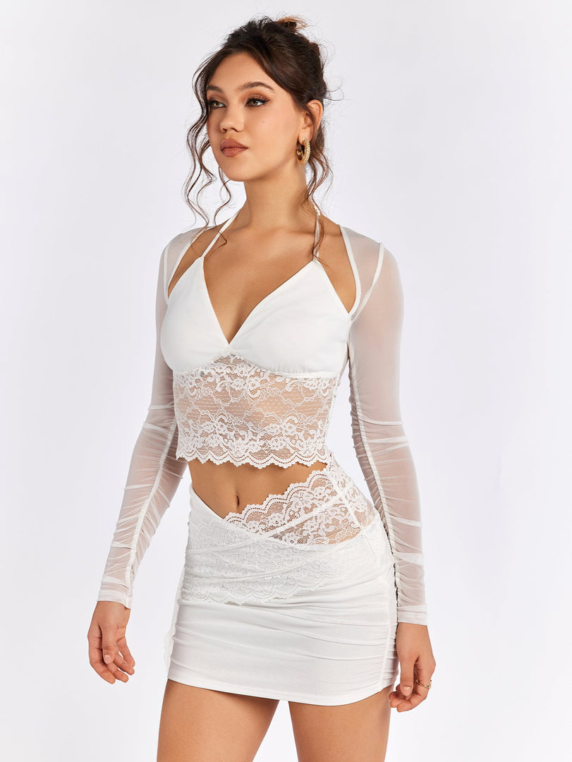 Halter Mesh Patchwork Lace Top&Embellished Lace Bodycon Skirt | Cocktail Party & Homecoming Two-Piece Set