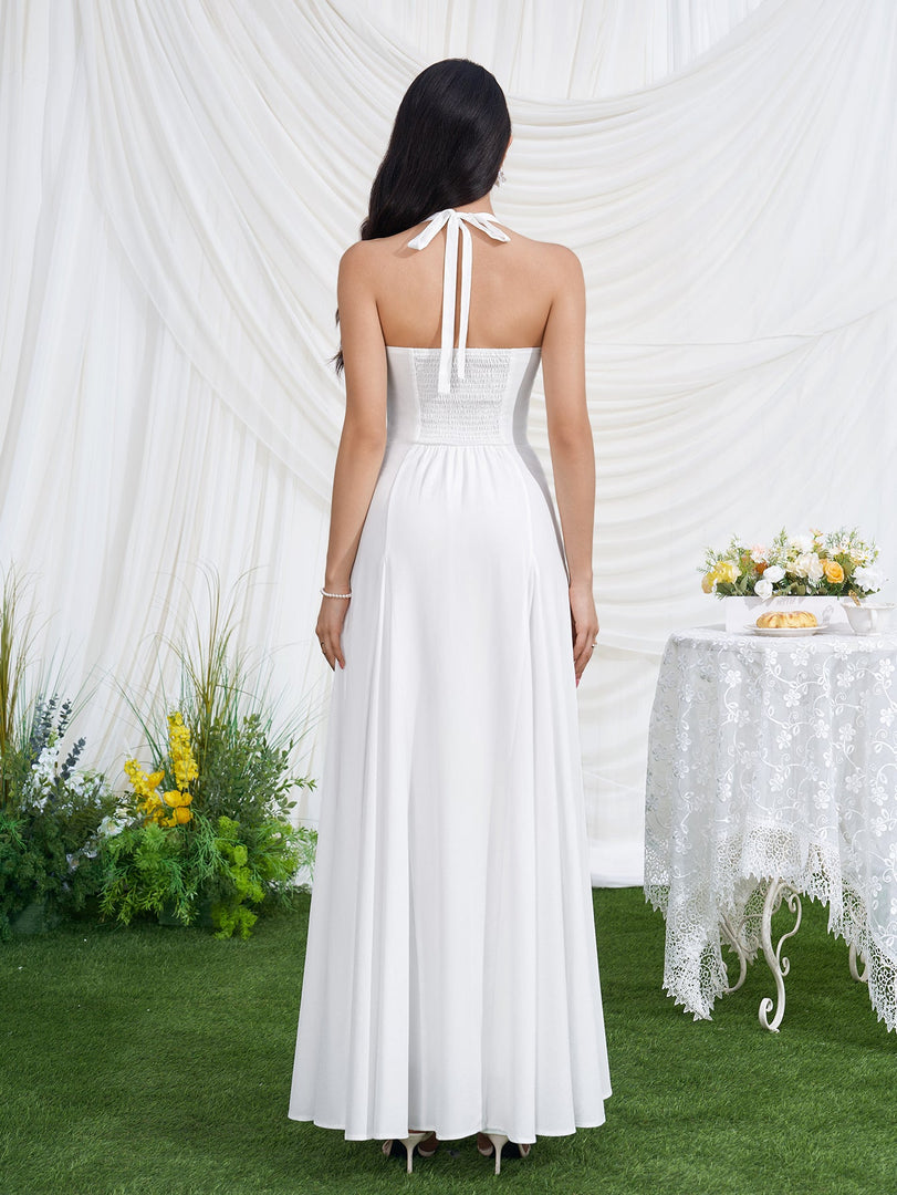 Halter Neck Backless Ruched Solid Maxi Dress | Formal Dress