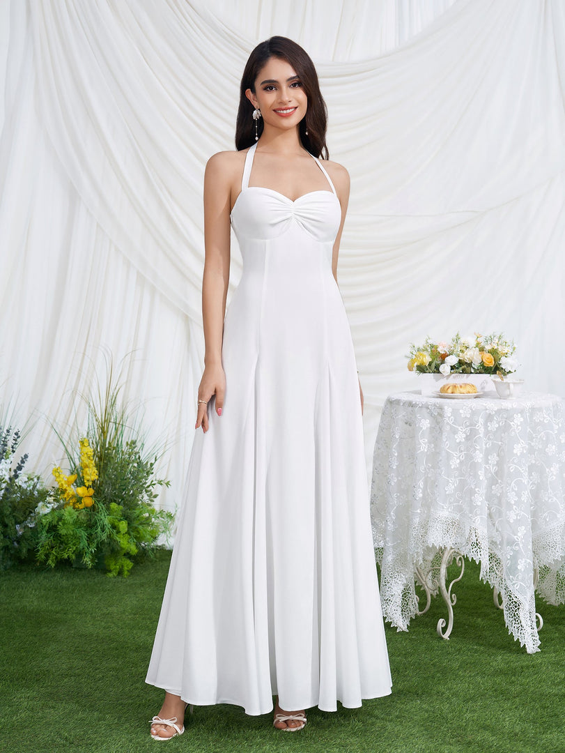 Halter Neck Backless Ruched Solid Maxi Dress | Formal Dress