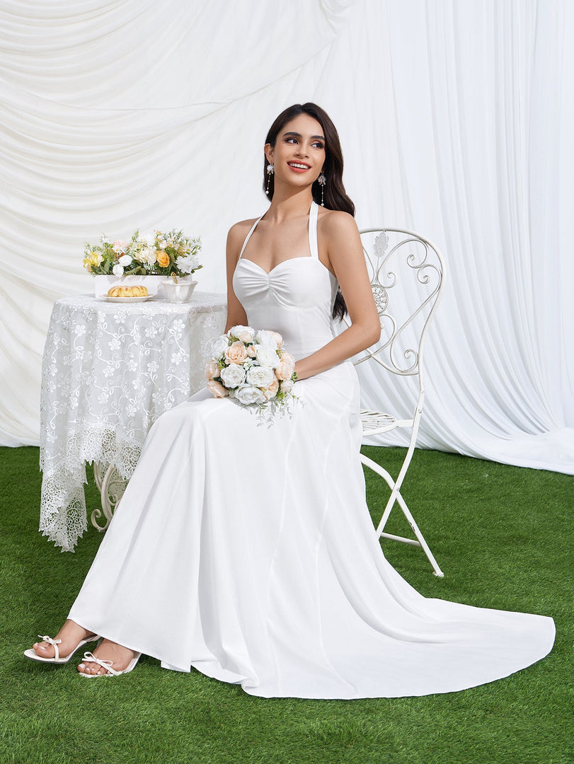 Halter Neck Backless Ruched Solid Maxi Dress | Formal Dress