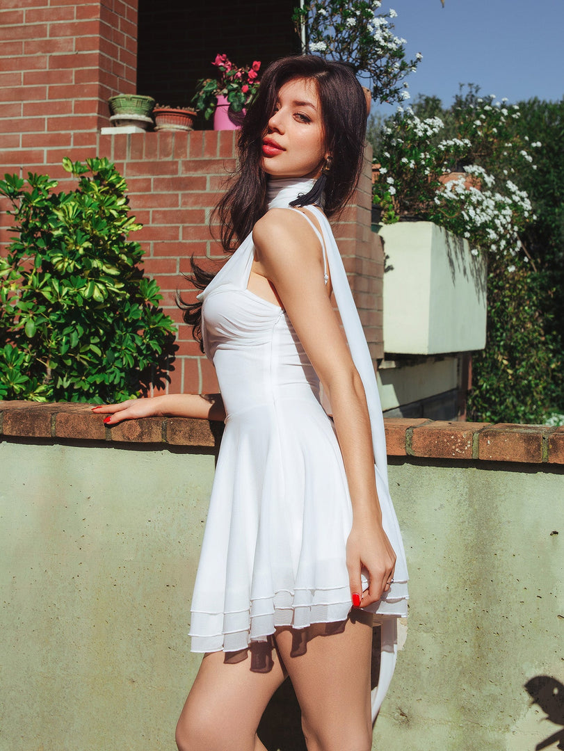 Halter Neck Ruched Bust Pleated Hem Mesh Dress | Prom Dress