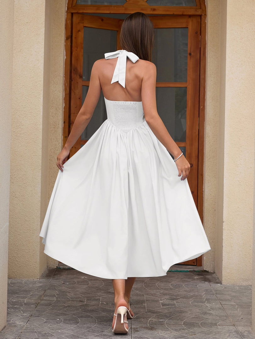 Halter Ruched Backless Flared Pocket Long Dress | Prom Dress