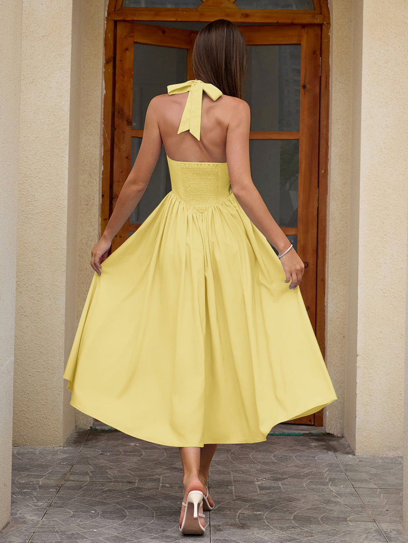 Halter Ruched Backless Flared Pocket Long Dress | Prom Dress