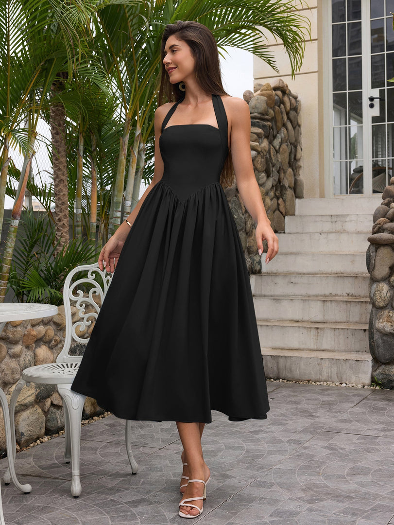 Halter Ruched Backless Flared Pocket Long Dress | Prom Dress