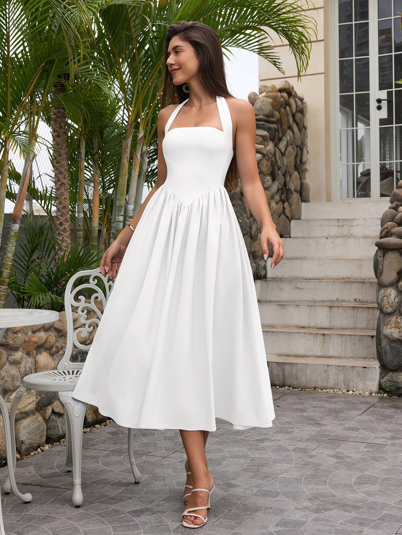 Halter Ruched Backless Flared Pocket Long Dress | Prom Dress
