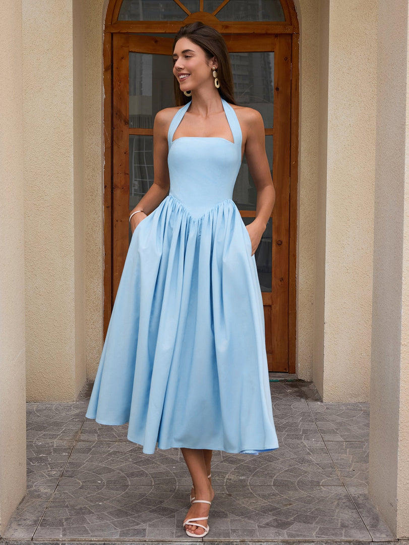 Halter Ruched Backless Flared Pocket Long Dress | Prom Dress