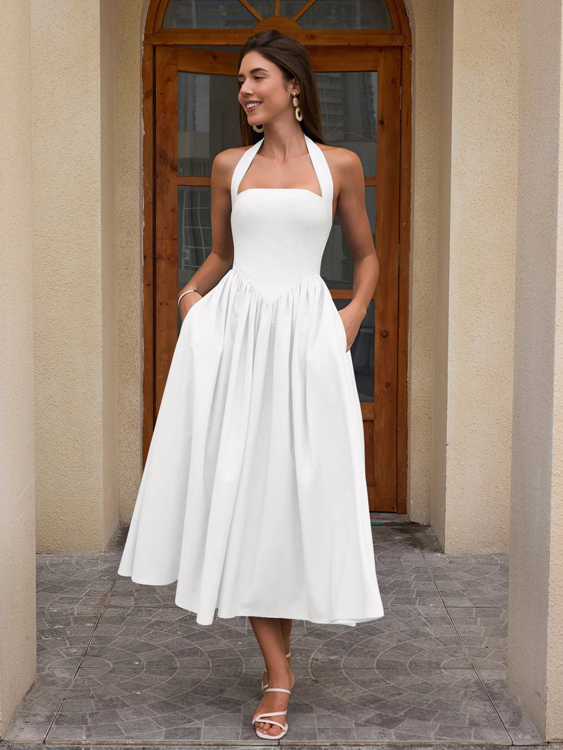 Halter Ruched Backless Flared Pocket Long Dress | Prom Dress