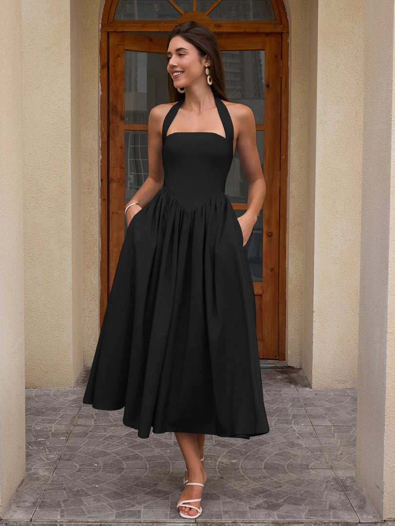Halter Ruched Backless Flared Pocket Long Dress | Prom Dress