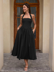 Halter Ruched Backless Flared Pocket Long Dress | Prom Dress
