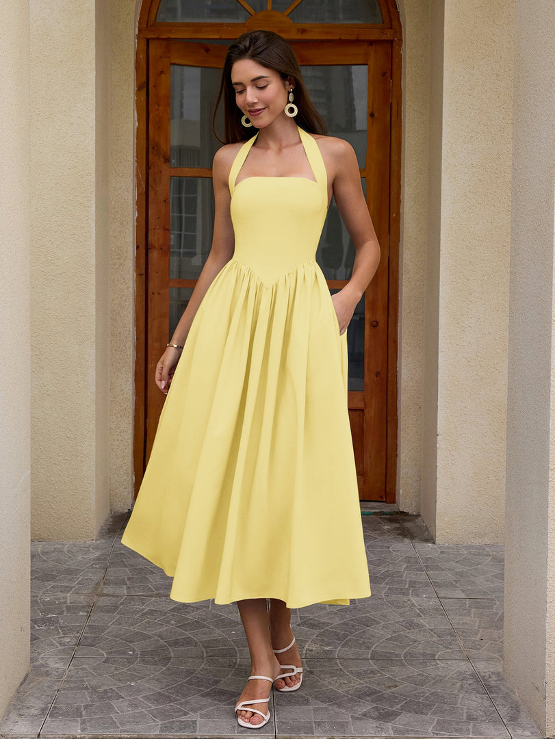 Halter Ruched Backless Flared Pocket Long Dress | Prom Dress