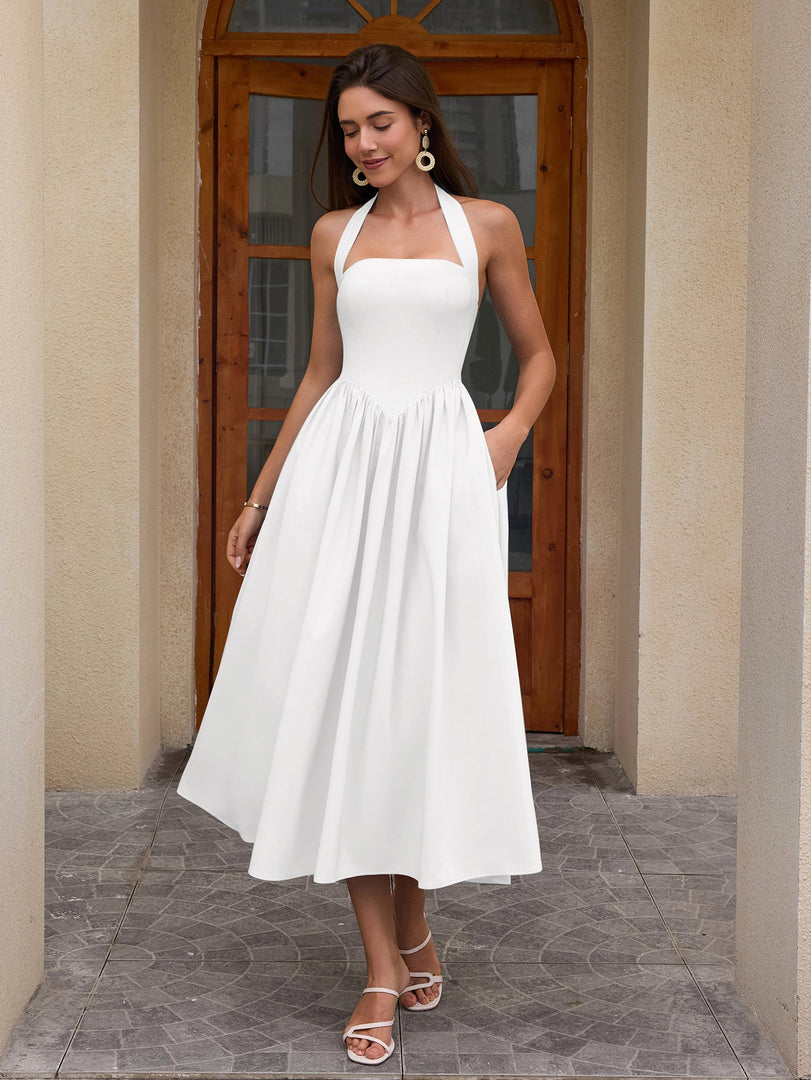 Halter Ruched Backless Flared Pocket Long Dress | Prom Dress