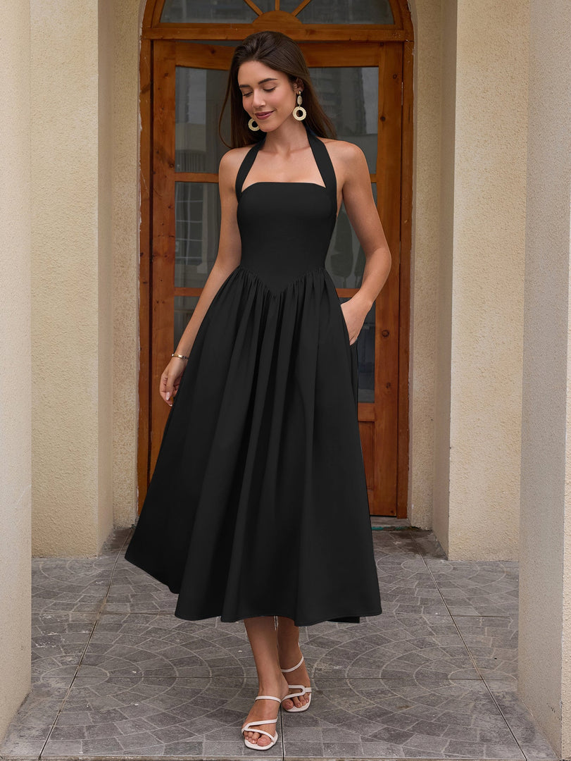 Halter Ruched Backless Flared Pocket Long Dress | Prom Dress