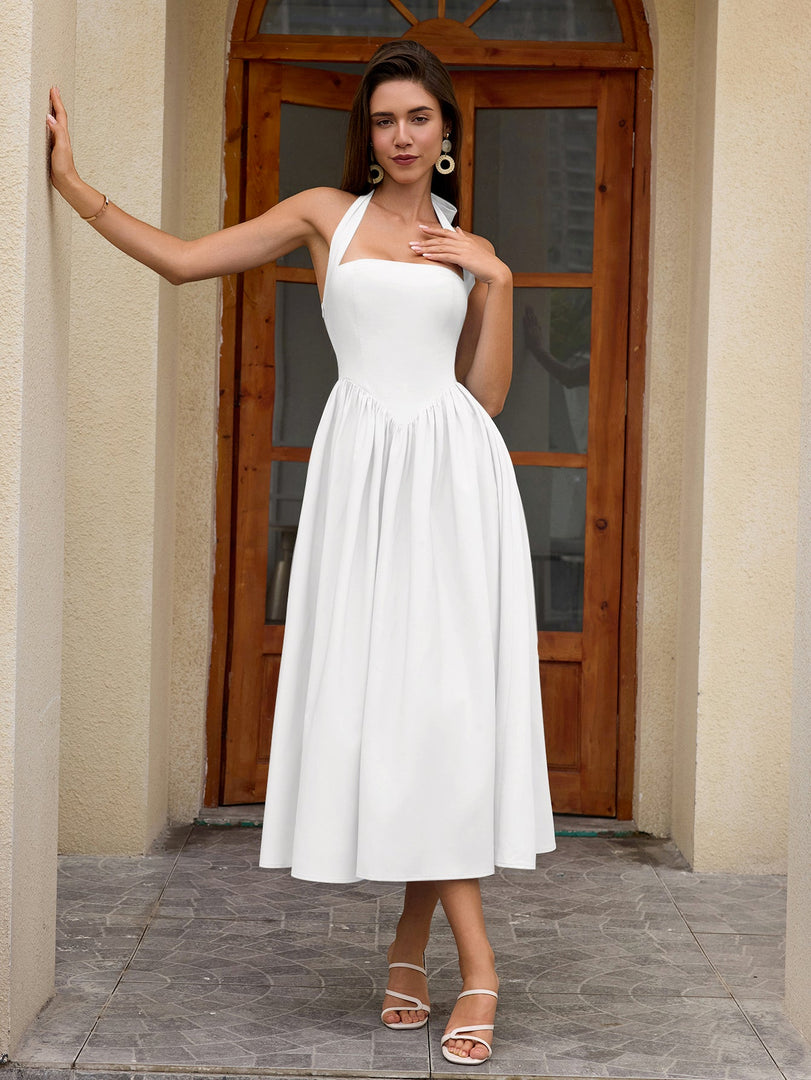 Halter Ruched Backless Flared Pocket Long Dress | Prom Dress