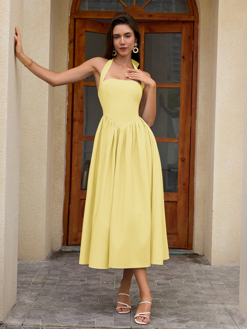 Halter Ruched Backless Flared Pocket Long Dress | Prom Dress