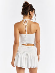 Halter Ruched Bust Asymmetrical Hem Top&Embellished Trim Tiered Skirt | Vacation Two-Piece Set