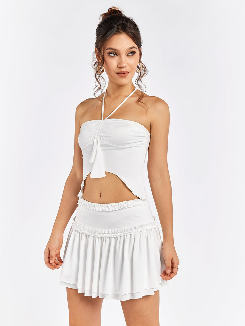 Halter Ruched Bust Asymmetrical Hem Top&Embellished Trim Tiered Skirt | Vacation Two-Piece Set