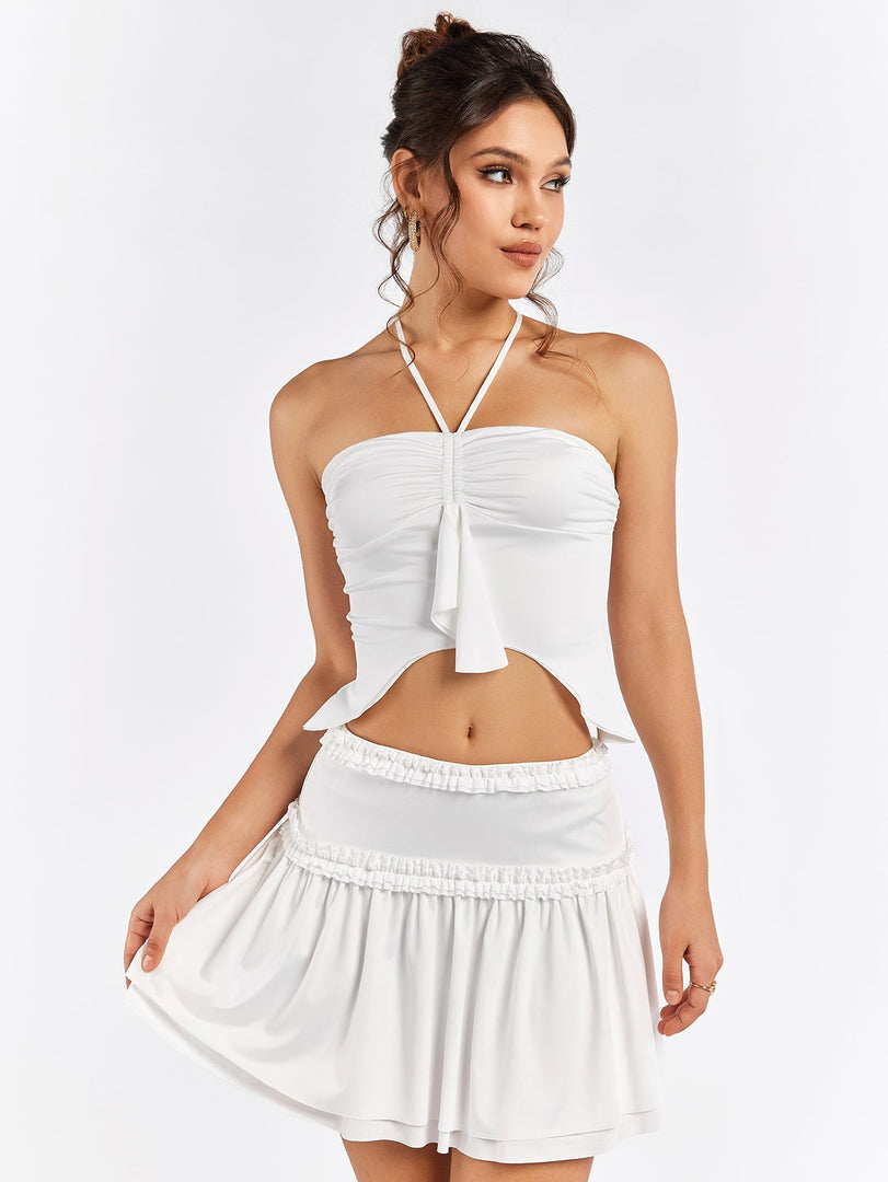 Halter Ruched Bust Asymmetrical Hem Top&Embellished Trim Tiered Skirt | Vacation Two-Piece Set