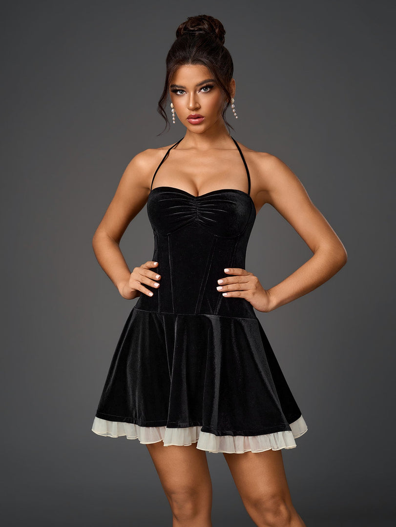Halter Ruched Bust Mesh Trim Velvet Dress | Formal Dress, Cocktail Dress
