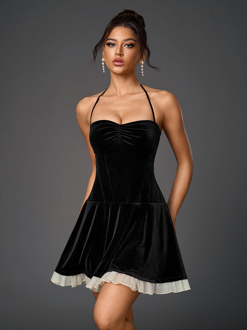 Halter Ruched Bust Mesh Trim Velvet Dress | Formal Dress, Cocktail Dress