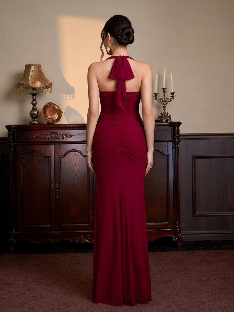 Halter Ruched Split Thigh Mesh Maxi Dress | Vacation Dress