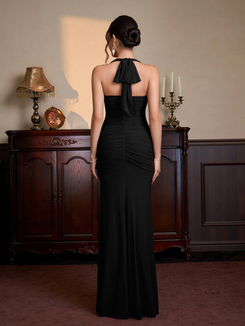 Halter Ruched Split Thigh Mesh Maxi Dress | Vacation Dress